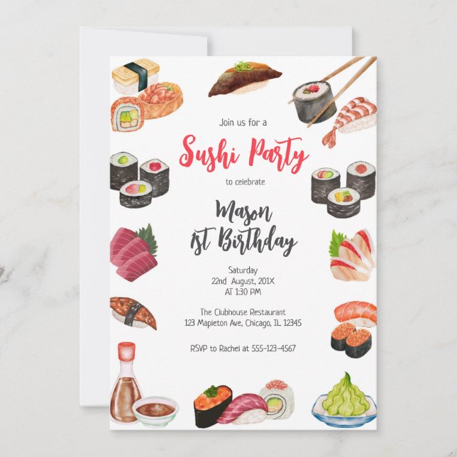 Sushi Party Birthday Invitation Einladung (Vorderseite)