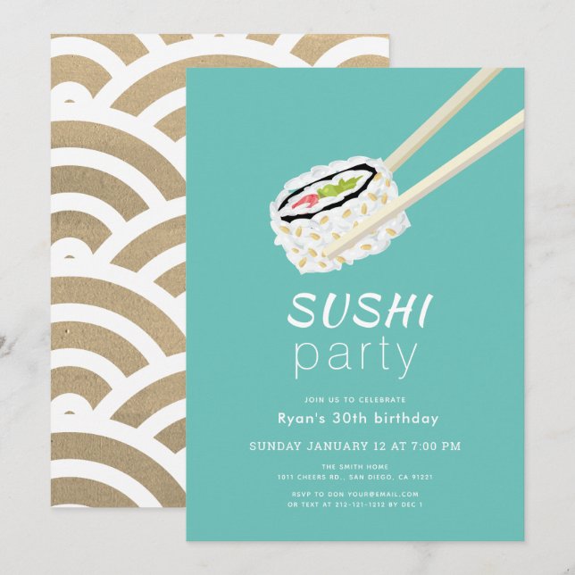 Sushi Party Einfach Türkis & Gold Geburtstag Einladung (Vorne/Hinten)