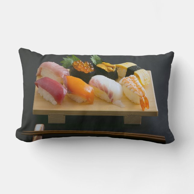 Sushi plate on wood - Japanese food cushion Lendenkissen (Vorderseite)
