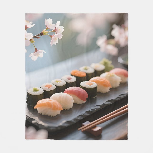 Sushi Platte Kirschblüte Fleecedecke (Vorderseite)