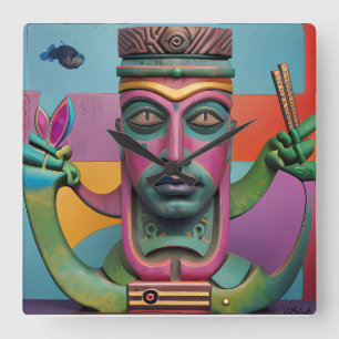 Sushi Radio Tiki Man Quadratische Wanduhr