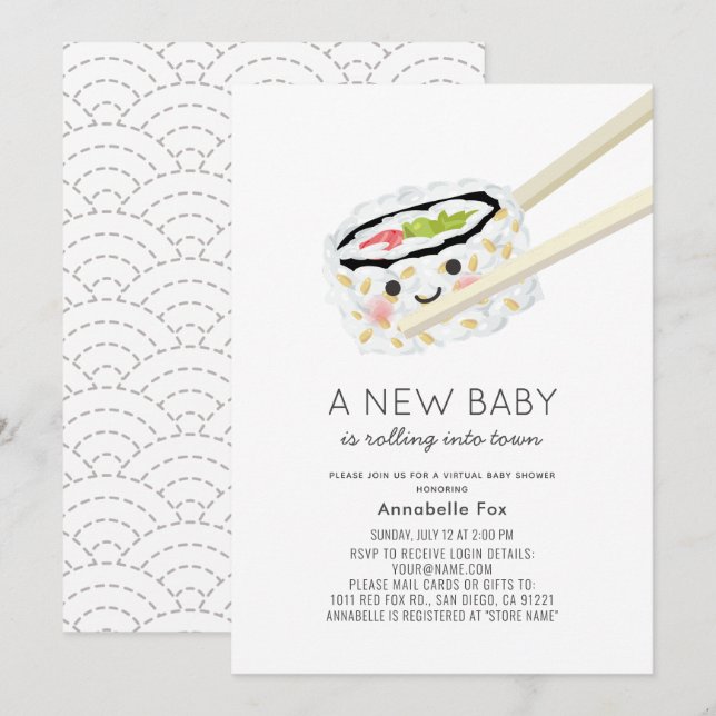 Sushi Roll Kawaii Virtual Baby Shower Einladung (Vorne/Hinten)
