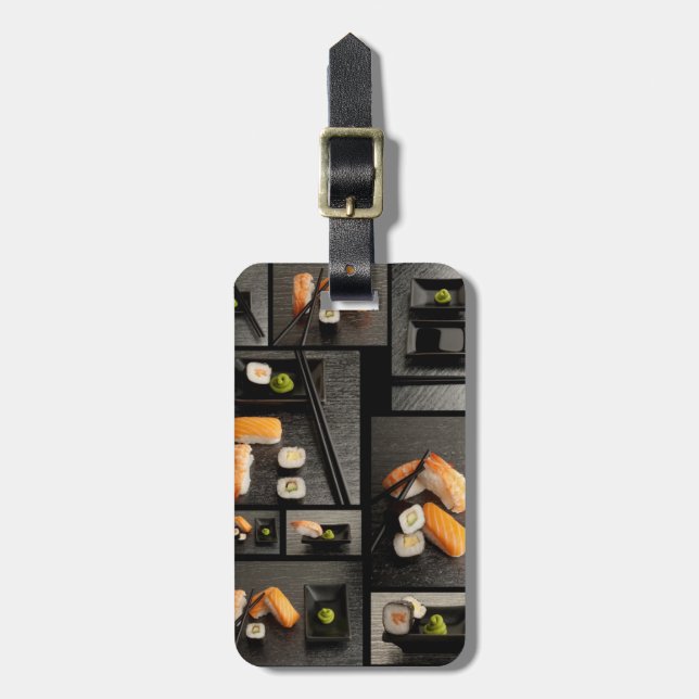 Sushi-Sammlung auf schwarzem Hintergrund Gepäckanhänger (Vorderseite vertikal)