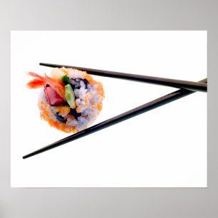 Sushi Shrimp Roll Black Chopsticks auf weißem Japa Poster