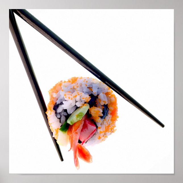 Sushi Shrimp Roll Black Chopsticks auf weißem Japa Poster (Vorne)