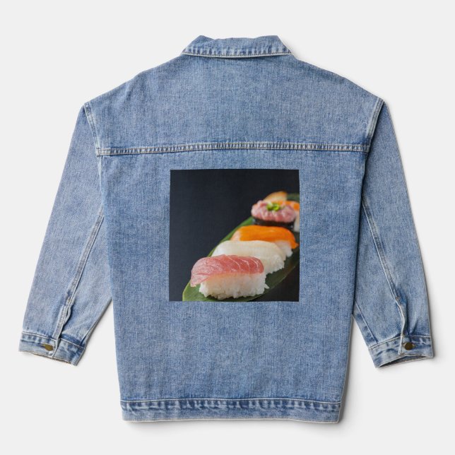 Sushi Silence – Elegant Nigiri on Denim Jeansjacke (Rückseite)