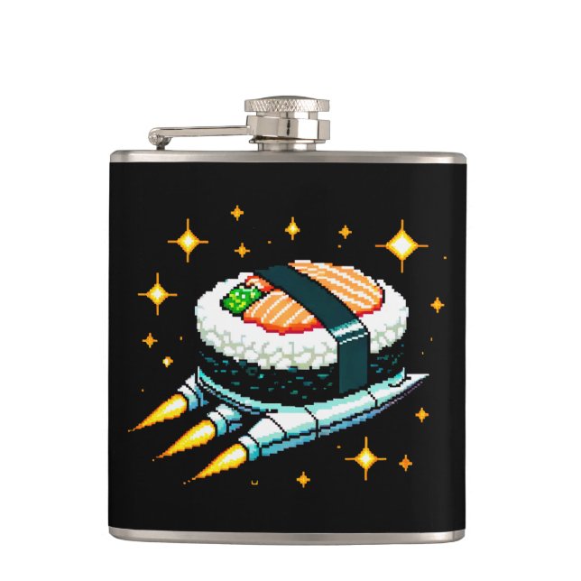 Sushi Spaceship Pixel Art Flying Sushi Roll Design Flachmann (Vorderseite)