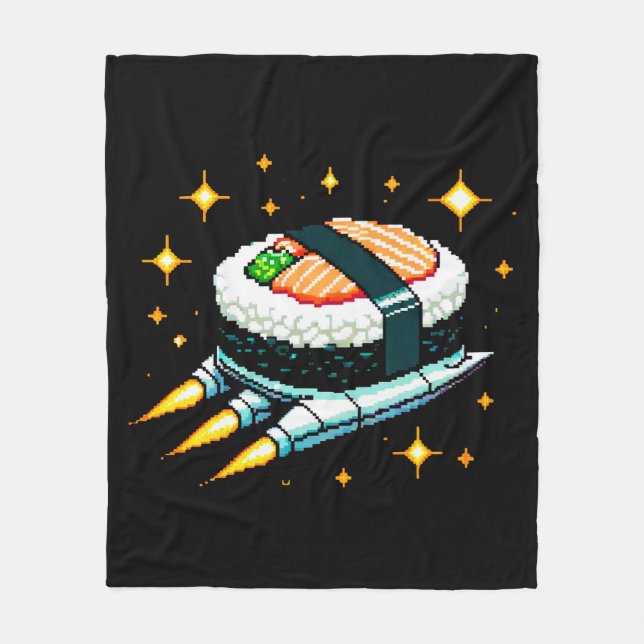 Sushi Spaceship Pixel Art Flying Sushi Roll Design Fleecedecke (Vorderseite)