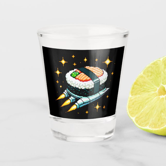 Sushi Spaceship Pixel Art Flying Sushi Roll Design Schnapsglas (Vorderseite)