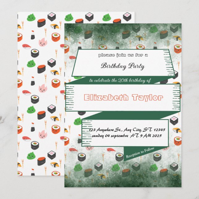 Sushi Themed Birthday Party Einladung (Vorne/Hinten)