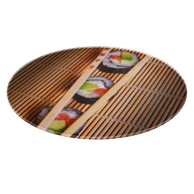 Sushi und hölzerne Essstäbchen Schneidebrett (Ecke)