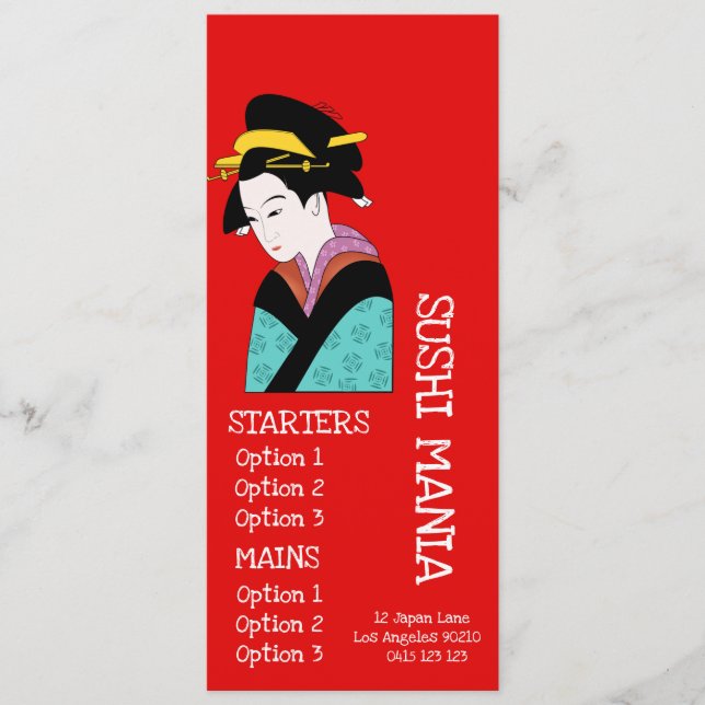 Sushiabendessenmenü des japanischen Restaurants Menükarte (Vorderseite)