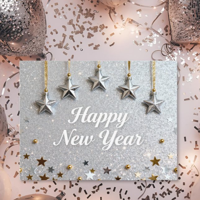 Suspended Stars Happy New Year Chic Modern Postkarte (Von Creator hochgeladen)