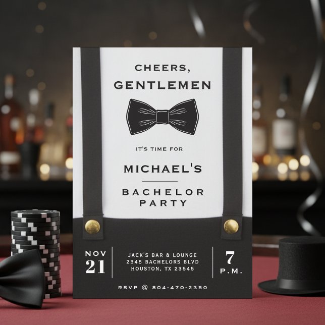 Suspenders Bowtie Cheers Gentlemen Bachelor Party Einladung (Von Creator hochgeladen)