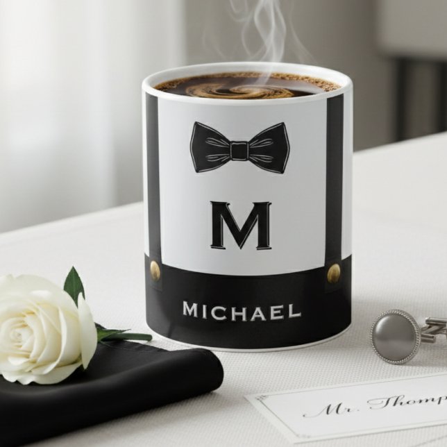 Suspenders & Bowtie Name Monogram Boy  Kaffeetasse (Von Creator hochgeladen)