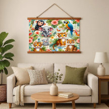 Tapisserie à cadre en bois tropical de bébés anima