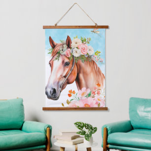 Suspendue Tapisserie Cheval et Fleurs Aquarelle