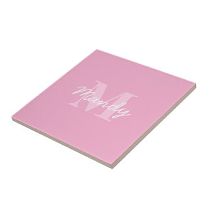 Süß aussehender kursiver Name & Monogramm   Rosa Fliese