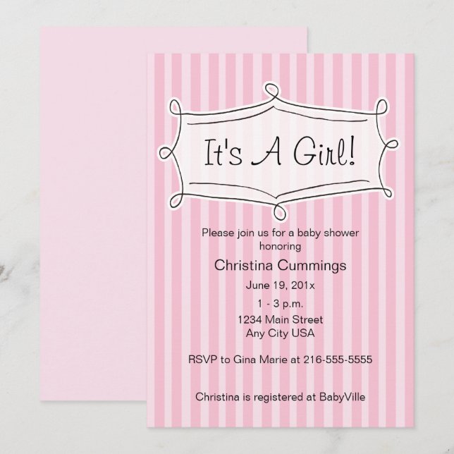 Süß gestreifte Babyparty-Einladung (Rosa) Einladung (Vorne/Hinten)