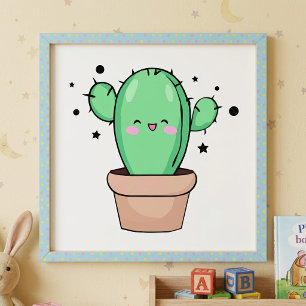 Süß lächelnder Kawaii-Baby-Kaktus in einer Vase mi Fotodruck