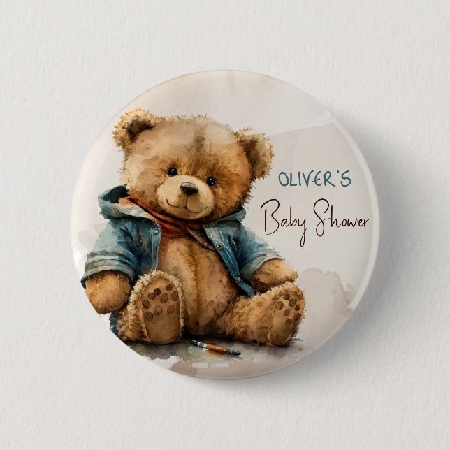 Süßbraune Aquarellteddytasche Baby Dusche Button (Vorderseite)