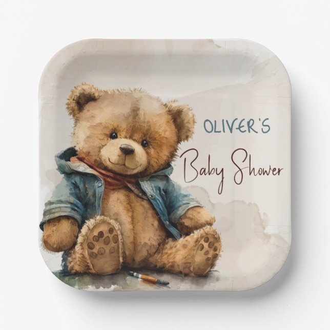 Süßbraune Aquarellteddytasche Baby Dusche Pappteller (Vorderseite)