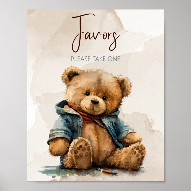 Süßbraune Aquarellteddytasche Baby Dusche Poster (Vorne)
