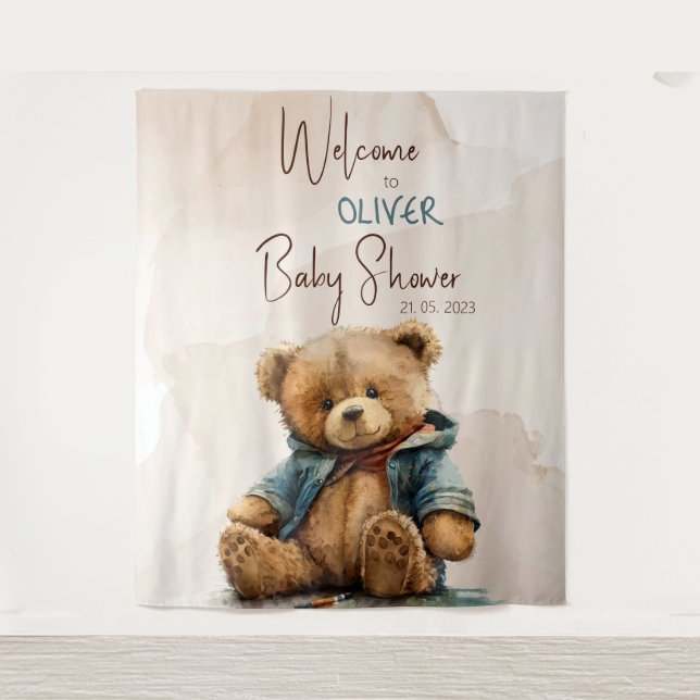 Süßbraune Aquarellteddytasche Baby Dusche Wandteppich (Vorderseite)