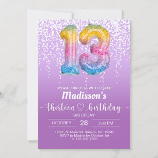 Süße 13 dreizehn lila Geburtstagsmädchen laden ein Einladung