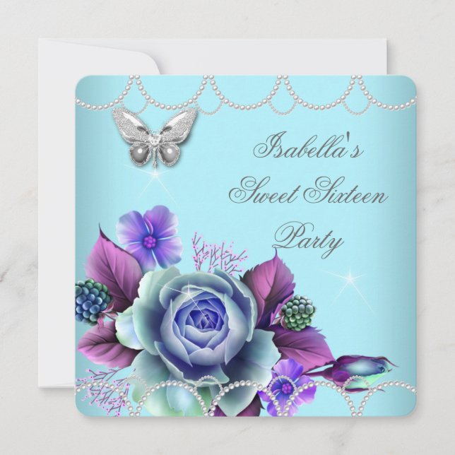 Süße 16 16. Aquamarine Lila Butterfly Perle Einladung (Vorderseite)
