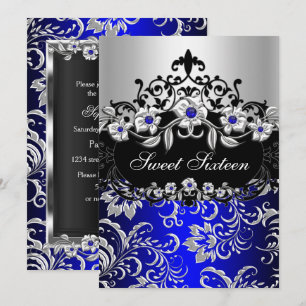 Süße 16 Blau Silber Schwarz Floral Juwel Party Einladung