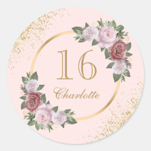 Süße 16 Blush Rosa Gold Blumen Geburtstag Runder Aufkleber
