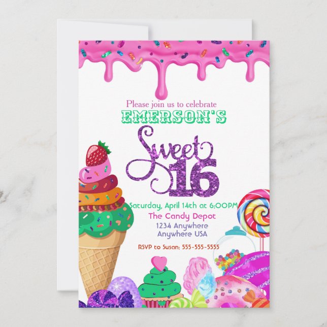 Süße 16, Candyland, Candy Süßigkeiten Donut Einladung (Vorderseite)