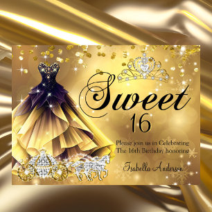 Süße 16. Geburtstags-Goldkleid-Tiara-Kutsche Einladung