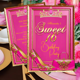 Süße 16 Geburtstags-Hot-Pink-Tiara-Absatz-Goldhand Einladung