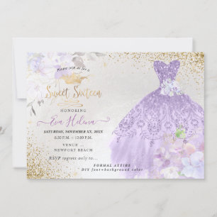 Süße 16 Glitzern Kleid Staubpurpur Lila Gold Einladung