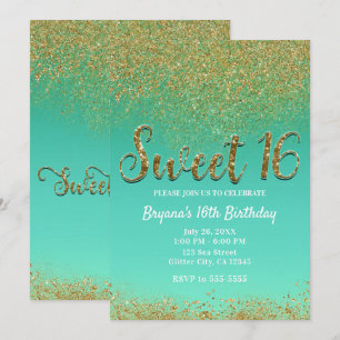 Süße 16 Gold Glitter & Teal Geburtstagsfeier Einladung