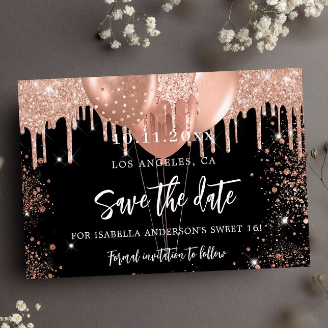 Süße 16 Goldballons aus schwarzer Rose Save the Da Ankündigungspostkarte (Von Creator hochgeladen)
