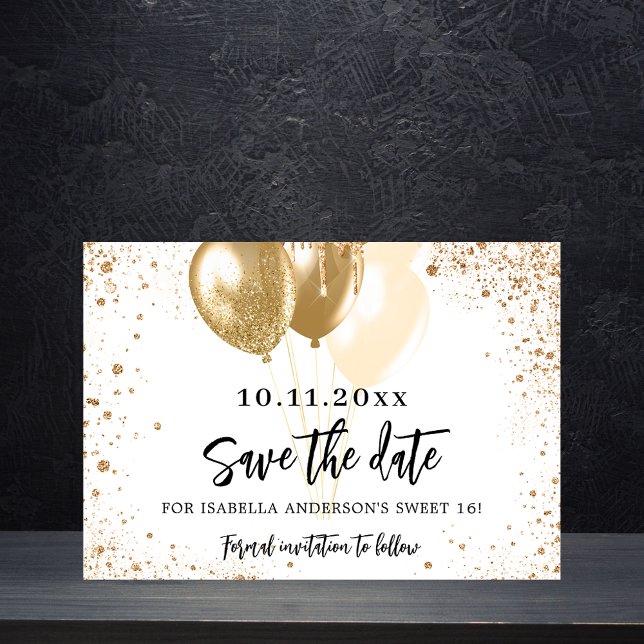 Süße 16 Goldballons Glitzer Save the Date Ankündigungspostkarte (Von Creator hochgeladen)