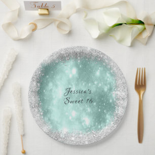 Süße 16 Hübscher Türkis Glanz, Silber Glitter Pappteller
