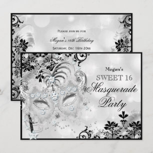 Süße 16 Juwelen-Maske & Damast Silber-Masquerade Einladung