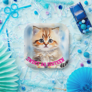 Süße 16 Katze Bild Text Blau Pappteller