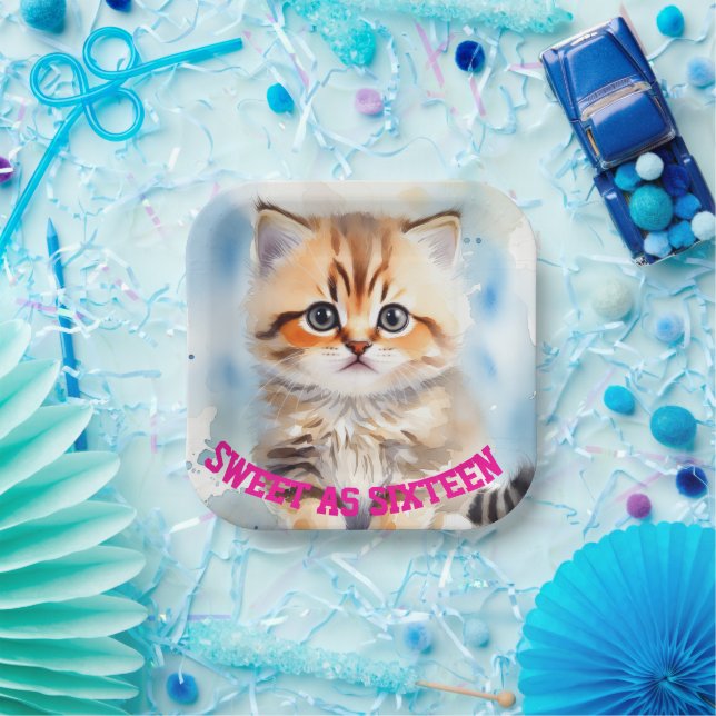 Süße 16 Katze Bild Text Blau Pappteller (Party)