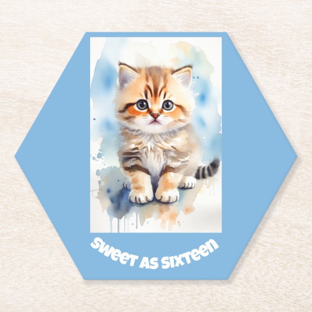 Süße 16 Katze Bild Text Blau Untersetzer (Vorderseite)