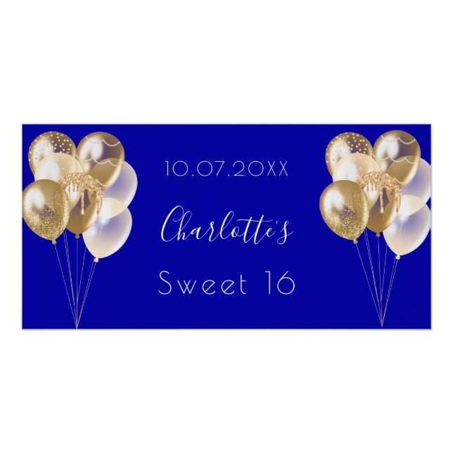 Süße 16 königsblaue Goldballons Party Poster (Vorderseite)