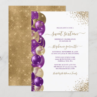 Süße 16 Lila Gold Glitzer Ballon Einladung