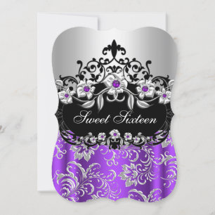 Süße 16 Lila Silber Schwarze Florale Juwelen-Party Einladung