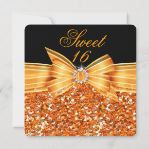 Süße 16 Luxus Glitter Orange Gold Schwarz Party Einladung
