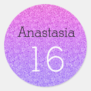 Süße 16 Name Alter Ombre Lila Glitter Funkeln Runder Aufkleber