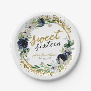 Süße 16 Navy Blau Florale Butterfly Pappteller
